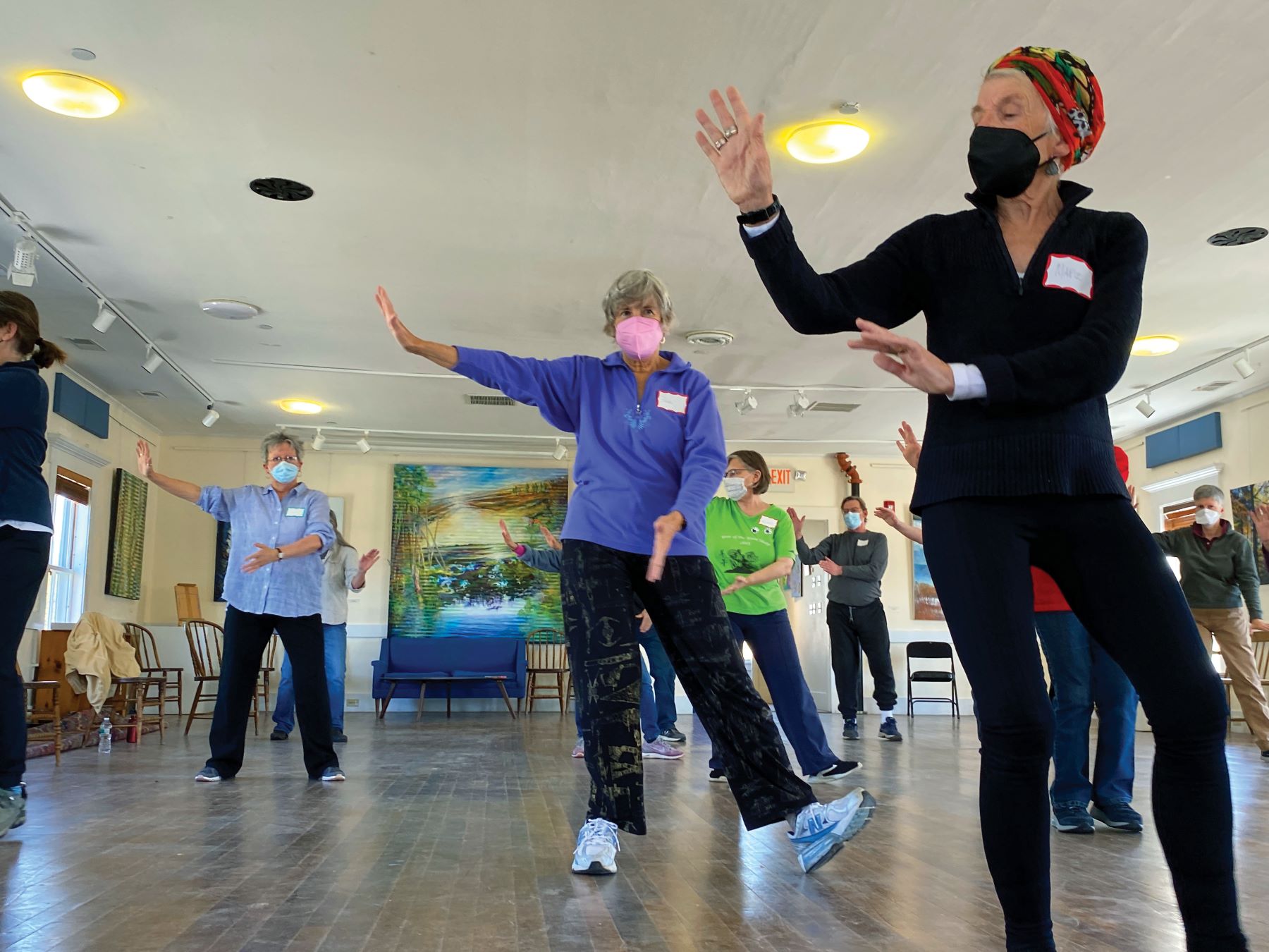 Photo of a room with older adults practicing Tai C